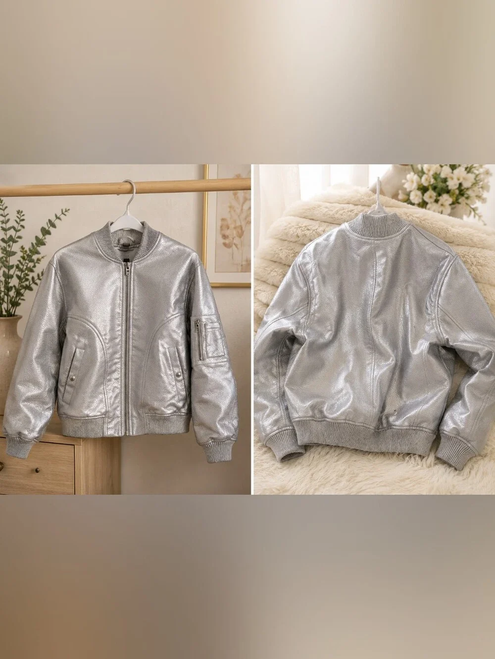 BLANKNYC Metallic Silver Faux Leather Bomber Jacket — Medium